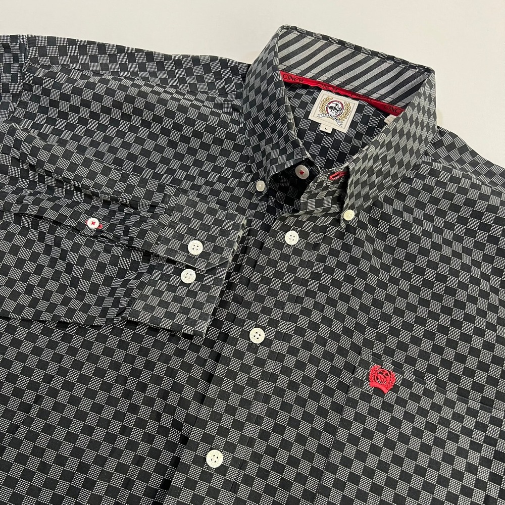 Cinch Western Button Down Shirt Checkered Geometric Western Black Grey Mens L